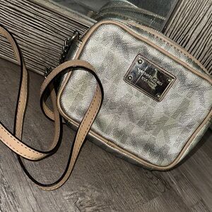 Michael Kors Stylish Silver and Tan Crossbody Bag